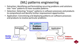 (ML) patterns engineering
• Extraction: Identifying and formulating recurring problems and solutions
into “new” patterns to have reusable patterns
• Detection: Detecting “known” patterns in software processes and products
to comprehend and identify further improvement opportunities
• Application: Concretizing and deploying patterns on software processes
and products to resolve particular problems
23
• Problem: …
• Solution: ….
ML pattern
Extraction Application
Similar
results Detection
Pattern
instances
 