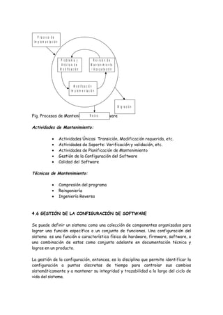 Fig. Procesos de Mantenimiento de Software
Actividades de Mantenimiento:
• Actividades Únicas: Transición, Modificación requerida, etc.
• Actividades de Soporte: Verificación y validación, etc.
• Actividades de Planificación de Mantenimiento
• Gestión de la Configuración del Software
• Calidad del Software
Técnicas de Mantenimiento:
• Compresión del programa
• Reingeniería
• Ingeniería Reversa
4.6 GESTIÓN DE LA CONFIGURACIÓN DE SOFTWARE
Se puede definir un sistema como una colección de componentes organizados para
lograr una función específica o un conjunto de funciones. Una configuración del
sistema es una función o característica física de hardware, firmware, software, o
una combinación de estos como conjunto adelante en documentación técnica y
logros en un producto.
La gestión de la configuración, entonces, es la disciplina que permite identificar la
configuración a puntos discretos de tiempo para controlar sus cambios
sistemáticamente y a mantener su integridad y trazabilidad a lo largo del ciclo de
vida del sistema.
P r o b le m a y
A n á lis is d e
M o d if ic a c ió n
R e v is ió n d e
M a n t e n im ie n to
/ A c e p a t a c ió n
M o d if ic a c ió n
Im p le m e n ta c ió n
P r o c e s o d e
Im p le m e n ta c ió n
M ig r a c ió n
R e tir o
 