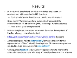 Results
• In the current experiment, we have considered only the 96 VP
constructions which resulted in 127 functions
– Dom...