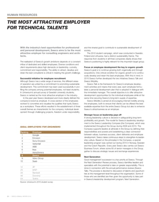 HUMAN RESOURCES

THE MOST ATTRACTIVE EMPLOYER
FOR TECHNICAL TALENTS



               With the industry’s best opportunities for professional                     and the shared goal to contribute to sustainable development of
               and personal development, Sweco aims to be the most                         society.
               attractive employer for consulting engineers and archi-                         The 2010 student campaign, which was conducted in Sweden,
               tects.                                                                      Finland and Lithuania, had a distinct sustainability theme. The
                                                                                           response from students in all three companies clearly shows that
               The realisation of Sweco’s growth ambitions depends on a constant           Sweco’s positioning is highly relevant for this important target group.
               inflow of dedicated and skilled employees. Diverse conditions and
               client requirements place high demands on leadership, curiosity,            Focus on employee development the key to organic growth
               commitment and responsibility. The ability to attract, develop and          Sweco’s goal is to continue growing both organically and through
               retain the best consultants is critical in meeting this growth challenge.   acquisitions. One critical condition for organic growth is to continu-
                                                                                           ously develop and retain the best employees. With this in mind, in
               Successful initiative for employee recruitment                              2010 Sweco further developed the two initiatives Sweco Talk and
               Although Sweco has a wide range of services, the different areas            Sweco Mobility.
               of operation are united by a commitment to promoting sustainable                Sweco Talk is the framework for Sweco’s employee develop-
               development. This commitment has been used successfully in pro-             ment activities and means that every year, each employee formu-
               filing the company among potential employees, not least students.           lates a personal development plan that is adopted in dialogue with
               In Universum’s annual survey of Swedish university students,                the immediate manager. The overall objective is to offer attractive
               Sweco is ranked as the most attractive employer in the industry.            development opportunities for the individual employees while at the
                    In the past year Sweco developed and more clearly defined the          same time securing Sweco’s long-term supply of expertise.
               company’s brand as employer. A cross-section of the employees                   Sweco Mobility is aimed at encouraging internal mobility among
               worked to concretise and visualise the qualities that typify Sweco          the employees, both to ensure that clients can be offered the best
               as a workplace. These efforts resulted in the establishment of three        available expertise from the entire Sweco Group but also to enhance
               overall themes as characteristic for the company: individual devel-         Sweco’s attractiveness as an employer.
               opment through challenging projects, freedom under responsibility
                                                                                           Stronger focus on leadership pays off
                                                                                           A strong leadership culture is decisive in safeguarding long-term
                                                                                           profitability and growth. The model for Sweco’s leadership develop-
                                                                                           ment is the Sweco Leadership Compass (the Compass), which was
               IDEAL EMPLOYERS FOR ENGINEERS                                               implemented throughout the Group during 2009 and 2010. The
                                                                                           Compass supports leaders at all levels in the Group by defining their
               Ranking          Employer                                                   responsibilities and powers and establishing a clear connection
                1               Google                                                     between values, business success, client deliveries and employee
                2               Ericsson                                                   development. Sweco takes continuous steps to strengthen its leader-
                3               Sony Ericsson                                              ship culture. Based on the principles in the Compass, a special
                4               Vattenfall                                                 leadership program was carried out during 2010 in Norway, Sweden
                                                                                           and the Czech Republic. Every year Sweco also carries out Sweco
                5               ABB
                                                                                           Business Forum, where some 60 of senior managers in the Group
                6               Ikea
                                                                                           gather to discuss strategic issues and exchange experiences.
                7               AstraZeneca
                8               Sweco
                                                                                           Next Generation
                9               Volvo Group
                                                                                           Good management succession is a top priority at Sweco. Through
               10               Saab
                                                                                           the Next Generation Review process, Sweco identifies leaders and
                                                                                           specialists with the potential to take on greater responsibility. This is
               12               ÅF
                                                                                           done in connection with the annual performance reviews (Sweco
               25               WSP                                                        Talk). The process is devoted to discussion of talents and opportuni-
               29               Ramböll                                                    ties at the management level throughout the organisation. Some of
               48               Grontmij                                                   those who are identified are then given the opportunity to take part
               54               Tyréns                                                     in Sweco’s leadership development program, Next Generation.
               Source: Universum’s 2010 student survey




24   SWECO ANNUAL REVIEW 2010
 