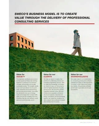 SWECO’S BUSINESS MODEL IS TO CREATE
VALUE THROUGH THE DELIVERY OF PROFESSIONAL
CONSULTING SERVICES




 Value for                                     Value for our                                 Value for our
 SOCIETY                                       CLIENTS                                       SHAREHOLDERS
 The engineers, architects and environ-        We help our clients to realise their          We create value for our shareholders
 mental experts at Sweco are working           ambitions by delivering professional          by conducting growing and profitable
 together to contribute to an environ-         consulting engineering services. With         operations in areas of vital importance
 mentally, economically and socially           our skills and knowledge, we enable           to society in both mature and emerg-
 sustainable society. The tangible results     our clients to carry out their projects       ing markets. We generate profitable
 of our work are cleaner air and purer         with the highest standards of quality         growth both organically and through
 water, attractive and functional living       and economy. By promoting greater             acquisitions.
 and working environments, more effec-         integration between urban planners,
 tive distribution and use of energy,          infrastructure engineers, architects,
 roads and bridges that increase traffic       structural engineers, industrial and
 safety and shorten travelling time and        energy consultants and environmental
 industries that are more efficient, profit-   experts, we create the conditions for
 able and environmentally sound.               client projects that contribute to sustain-
                                               able development of society.




                                                                                                              SWECO ANNUAL REVIEW 2010   1
 