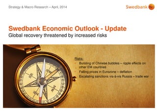 © Swedbank
Swedbank Economic Outlook - Update
Global recovery threatened by increased risks
Strategy & Macro Research – April, 2014
Risks:
• Bursting of Chinese bubbles – ripple effects on
other EM countries
• Falling prices in Eurozone – deflation
• Escalating sanctions vis-à-vis Russia – trade war
 