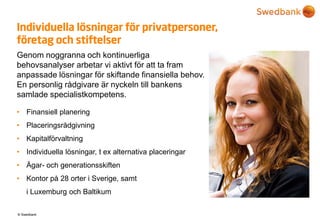 © Swedbank
Individuella lösningar för privatpersoner,
företag och stiftelser
Genom noggranna och kontinuerliga
behovsanaly...