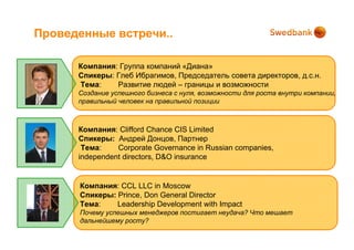 Проведенные встречи..

      Компания: Группа компаний «Диана»
      Спикеры: Глеб Ибрагимов, Председатель совета директоров, д.с.н.
      Тема:    Развитие людей – границы и возможности
      Создание успешного бизнеса с нуля, возможности для роста внутри компании,
      правильный человек на правильной позиции



      Компания: Clifford Chance CIS Limited
      Спикеры: Андрей Донцов, Партнер
       Тема:    Corporate Governance in Russian companies,
      independent directors, D&O insurance


      Компания: CCL LLC in Moscow
      Спикеры: Prince, Don General Director
      Тема:    Leadership Development with Impact
      Почему успешных менеджеров постигает неудача? Что мешает
      дальнейшему росту?
 