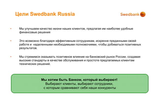 Цели Swedbank Russia

•    Мы улучшаем качество жизни наших клиентов, предлагая им наиболее удобные
     финансовые решения

•    Это возможно благодаря эффективным сотрудникам, искренне преданными своей
     работе и наделенными необходимыми полномочиями, чтобы добиваться позитивных
     результатов.

•    Мы стремимся оказывать позитивное влияние на банковский рынок России, создавая
     высокие стандарты в качестве обслуживания и простоте предлагаемых клиентам
     технических решений.




                   Мы хотим быть Банком, который выбирают!
                     Выбирают клиенты, выбирают сотрудники,
                    с которым сравнивают себя наши конкуренты
 