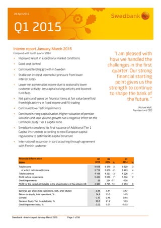 28 April 2015
Q1 2015
Swedbank –Interim report January-March 2015 Page 1 of 58
Interim report January-March 2015
Compared with fourth quarter 2014
 Improved result in exceptional market conditions
 Good cost control
 Continued lending growth in Sweden
 Stable net interest income but pressure from lower
interest rates
 Lower net commission income due to seasonally lower
customer activity, less capital raising activity and lowered
fund fees
 Net gains and losses on financial items at fair value benefited
from high activity in fixed income and FX trading
 Continued low credit impairments
 Continued strong capitalisation. Higher valuation of pension
liabilities and loan volume growth had a negative effect on the
Common Equity Tier 1 capital ratio
 Swedbank completed its first issuance of Additional Tier 1
Capital instruments according to new European capital
regulations to optimise its capital structure
 International expansion in card acquiring through agreement
with Finnish customer
”I am pleased with
how we handled the
challenges in the first
quarter. Our strong
financial starting
point gives us the
strength to continue
to shape the bank of
the future. ”
Michael Wolf,
President and CEO
Financial information Q1 Q4 Q1
SEKm 2015 2014 % 2014 %
Total income 9 618 9 379 3 9 320 3
of w hich net interest income 5 719 5 809 -2 5 483 4
Total expenses 4 168 4 293 -3 4 226 -1
Profit before impairments 5 450 5 086 7 5 094 7
Credit impairments 59 254 -77 -100
Profit for the period attributable to the shareholders of Sw edbank AB 4 320 3 795 14 3 953 8
Earnings per share total operations, SEK, after dilution 3.88 3.41 3.57
Return on equity, total operations, % 14.9 13.3 14.5
C/I-ratio 0.43 0.46 0.45
Common Equity Tier 1 capital ratio, % 20.5 21.2 18.3
Credit impairment ratio, % 0.02 0.07 -0.03
 