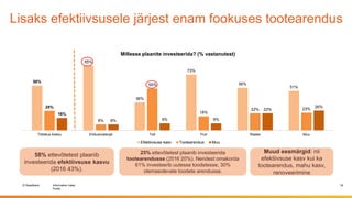 © Swedbank
Public
Information class
Lisaks efektiivsusele järjest enam fookuses tootearendus
18
58% ettevõtetest plaanib
investeerida efektiivsuse kasvu
(2016 43%).
Muud eesmärgid: nii
efektiivsuse kasv kui ka
tootearendus, mahu kasv,
renoveerimine
25% ettevõtetest plaanib investeerida
tootearendusse (2016 20%). Nendest omakorda
61% investeerib uutesse toodetesse, 30%
olemasolevate toodete arendusse.
58%
85%
36%
73%
56%
51%
25%
8%
55%
18%
22% 23%
16%
8% 9% 9%
22%
26%
Tööstus kokku Ehitusmaterjal Toit Puit Raske Muu
Millesse plaanite investeerida? (% vastanutest)
Efektiivsuse kasv Tootearendus Muu
 