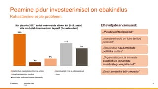 © Swedbank
Public
Information class
Peamine pidur investeerimisel on ebakindlus
19
Ettevõtjate arvamused:
„Puuduvad takistused“
„Investeeringuid on juba tehtud
piisavalt“
„Ebakindlus naaberriikide
poliitika suhtes“
„Organisatsiooni ja inimeste
suutlikkus kohaneda
muutustega on piiratud“
„Eesti ametnike bürokraatia“
Rahastamine ei ole probleem
38%
4%
9%
27%
21%
Kui plaanite 2017. aastal investeerida vähem kui 2016. aastal,
siis mis hoiab investeerimist tagasi? (% vastanutest)
ebakindlus majanduskeskkonna suhtes laenukapitali hind ja kättesaadavus
omafinantseeringu puudus muu
suur vaba tootmisvõimsuse olemasolu
 