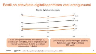 © Swedbank
Public
Information class
Eestil on ettevõtete digitaliseerimises veel arenguruumi
8
Viimaste hulgas oleme ettevõtjate poolses
digitehnoloogia integreerimises
(22. koht).
Allikas: Euroopa komisjon, Digital Economy and Society Index (DESI)
0.29
0.33
0.36
0.22 0.22
0.26
0.20
0.18
0.21
0.44
0.40
0.44
2014 2015 2016
Ettevõtte digitaliseerimise indeks
EL 28
Eesti
Läti
Leedu
Eesti on digitaliseerimises 2016 seisuga EL
eesotsas (7. koht 28st), mis on tingitud eelkõige
interneti kasutamisest (5. koht) ja avalikest
digiteenustest (1. koht).
 