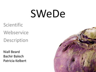 Scientific
Webservice
Description
SWeDe
Niall Beard
Bachir Balech
Patricia Kelbert
 
