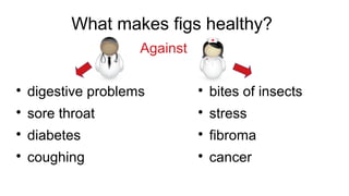 
digestive problems

sore throat

diabetes

coughing

bites of insects

stress

fibroma

cancer
What makes figs healthy?
Against
 