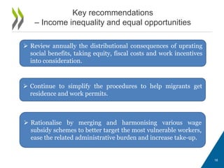 18
Key recommendations
– Income inequality and equal opportunities
 Review annually the distributional consequences of uprating
social benefits, taking equity, fiscal costs and work incentives
into consideration.
 Continue to simplify the procedures to help migrants get
residence and work permits.
 Rationalise by merging and harmonising various wage
subsidy schemes to better target the most vulnerable workers,
ease the related administrative burden and increase take-up.
 
