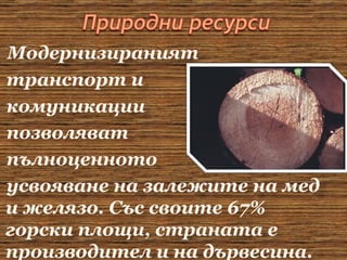 Модернизираният транспорт и  комуникации  позволяват пълноценното усвояване на залежите на мед и желязо. Със своите 67% горски площи, страната е производител и на дървесина. 