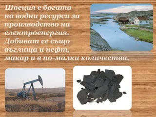 Швеция е богата на водни ресурси за производство на  електроенергия .  Добиват се също  въглища и нефт,  макар и в по-малки количества. 
