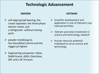 Technologic Advancement
SWEDEN
 self-aligning ball bearing, the
cream separator, the three-phase
electric motor, and
a refrigerator without moving
parts
 powder metallurgy to
the Hasselblad camera and the
Viggen jet fighter
 Engineering companies: Volvo,
SAAB-Scania, ASEA, Electrolux,
SKF, and L.M. Ericsson
VIETNAM
 Scientific development and
application is one of Vietnam’s top
national priorities.
 Vietnam promotes investment in
science and technology research
 Human resource potential
mobilized to serve science and
technology
 