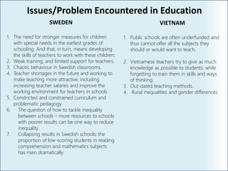 Issues/Problem Encountered in Education
SWEDEN
1. The need for stronger measures for children
with special needs in the earliest grades of
schooling. And that, in turn, means developing
the skills of teachers to work with these children;
2. Weak training, and limited support for teachers.
3. Chaotic behaviour in Swedish classrooms.
4. Teacher shortages in the future and working to
make teaching more attractive, including
increasing teacher salaries and improve the
working environment for teachers in schools
5. Constricted and constrained curriculum and
problematic pedagogy.
6. The question of how to tackle inequality
between schools – more resources to schools
with poorer results can be one way to reduce
inequality.
7. Collapsing results in Swedish schools; the
proportion of low-scoring students in reading
comprehension and mathematics subjects
has risen dramatically.
VIETNAM
1. Public schools are often underfunded and
thus cannot offer all the subjects they
should or would want to teach.
2. Vietnamese teachers try to give as much
knowledge as possible to students, while
forgetting to train them in skills and ways
of thinking.
3. Out-dated teaching methods.
4. Rural inequalities and gender differences
 