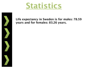 Statistics
Life expectancy in Sweden is for males: 78.59
years and for females: 83.26 years.
 