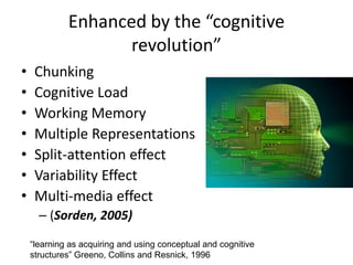 Enhanced by the “cognitive
                    revolution”
•    Chunking
•    Cognitive Load
•    Working Memory
•    Multiple Representations
•    Split-attention effect
•    Variability Effect
•    Multi-media effect
      – (Sorden, 2005)

    “learning as acquiring and using conceptual and cognitive
    structures” Greeno, Collins and Resnick, 1996
 