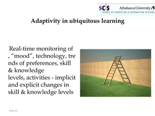 Adaptivity in ubiquitous learning



 Real-time monitoring of
, “mood”, technology, tre
nds of preferences, skill
& knowledge
levels, activities - implicit
and explicit changes in
skill & knowledge levels

Slide 31
 
