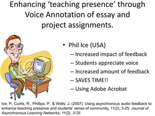 Enhancing ‘teaching presence’ through
       Voice Annotation of essay and
            project assignments.

                                     • Phil Ice (USA)
                                         – Increased impact of feedback
                                         – Students appreciate voice
                                         – Increased amount of feedback
                                         – SAVES TIME!!
                                         – Using Adobe Acrobat

Ice, P., Curtis, R., Phillips, P., & Wells, J. (2007). Using asynchronous audio feedback to
enhance teaching presence and students‟ sense of community, 11(2), 3-25. Journal of
Asynchronous Learning Networks, 11(2), 3-25
 
