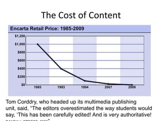 The Cost of Content




Tom Corddry, who headed up its multimedia publishing
unit, said, “The editors overestimated the way students would
say, „This has been carefully edited! And is very authoritative!
 
