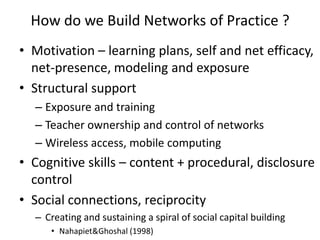 How do we Build Networks of Practice ?
• Motivation – learning plans, self and net efficacy,
  net-presence, modeling and exposure
• Structural support
  – Exposure and training
  – Teacher ownership and control of networks
  – Wireless access, mobile computing
• Cognitive skills – content + procedural, disclosure
  control
• Social connections, reciprocity
  – Creating and sustaining a spiral of social capital building
     • Nahapiet&Ghoshal (1998)
 