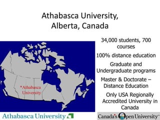 Athabasca University,
                   Alberta, Canada
                                 34,000 students, 700
                                       courses
                               100% distance education
                                     Graduate and
                                Undergraduate programs
    *   Athabasca University
                                 Master & Doctorate –
*Athabasca                        Distance Education
 University
                                   Only USA Regionally
                                  Accredited University in
                                          Canada
 