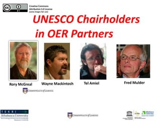 Creative Commons
          Attribution 3.0 License
          (some images fair use)




               UNESCO Chairholders
               in OER Partners


Rory McGreal            Wayne Mackintosh   Tel Amiel   Fred Mulder
 