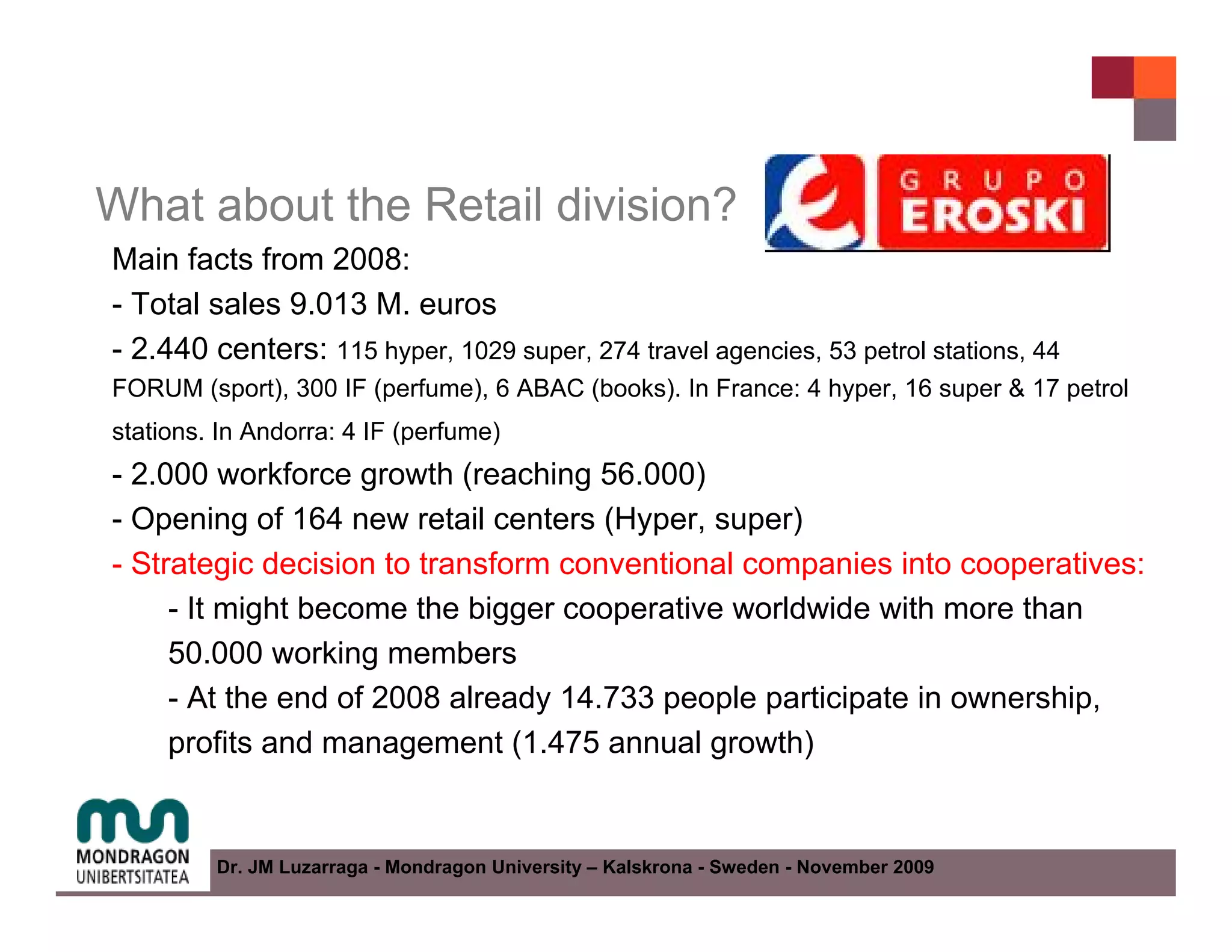 What about the Retail division?
Main facts from 2008:
- Total sales 9.013 M. euros
- 2.440 centers: 115 hyper, 1029 super, 274 travel agencies, 53 petrol stations, 44
FORUM (sport), 300 IF (perfume), 6 ABAC (books). In France: 4 hyper, 16 super & 17 petrol
stations. In Andorra: 4 IF (perfume)
- 2.000 workforce growth (reaching 56.000)
- Opening of 164 new retail centers (Hyper, super)
- Strategic decision to transform conventional companies into cooperatives:
     - It might become the bigger cooperative worldwide with more than
     50.000 working members
     - At the end of 2008 already 14.733 people participate in ownership,
     profits and management (1.475 annual growth)


         Dr. JM Luzarraga - Mondragon University – Kalskrona - Sweden - November 2009
 