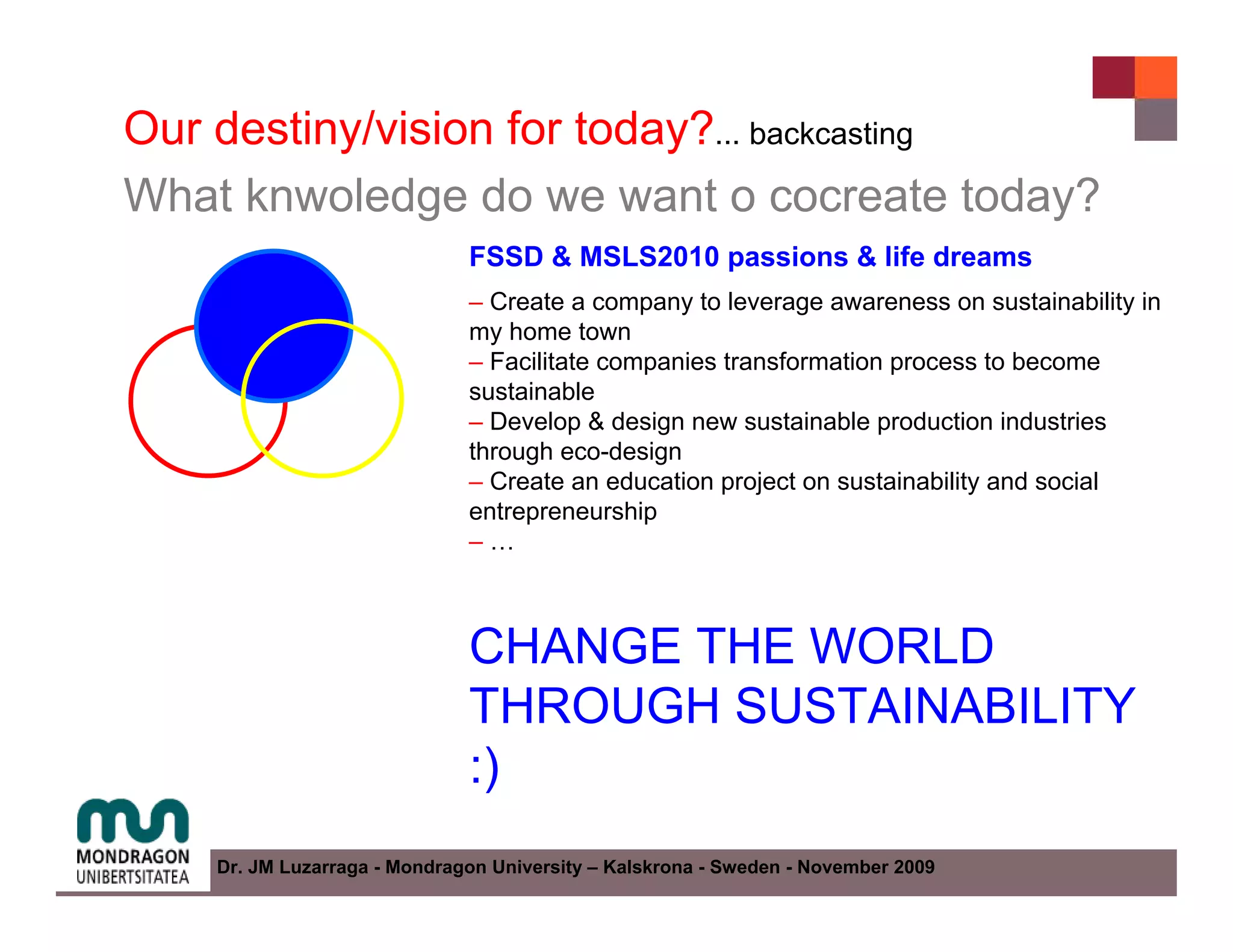 Our destiny/vision for today?... backcasting
What knwoledge do we want o cocreate today?
                              FSSD & MSLS2010 passions & life dreams
                              – Create a company to leverage awareness on sustainability in
                              my home town
                              – Facilitate companies transformation process to become
                              sustainable
                              – Develop & design new sustainable production industries
                              through eco-design
                              – Create an education project on sustainability and social
                              entrepreneurship
                              –…



                              CHANGE THE WORLD
                              THROUGH SUSTAINABILITY
                              :)
    Dr. JM Luzarraga - Mondragon University – Kalskrona - Sweden - November 2009
 