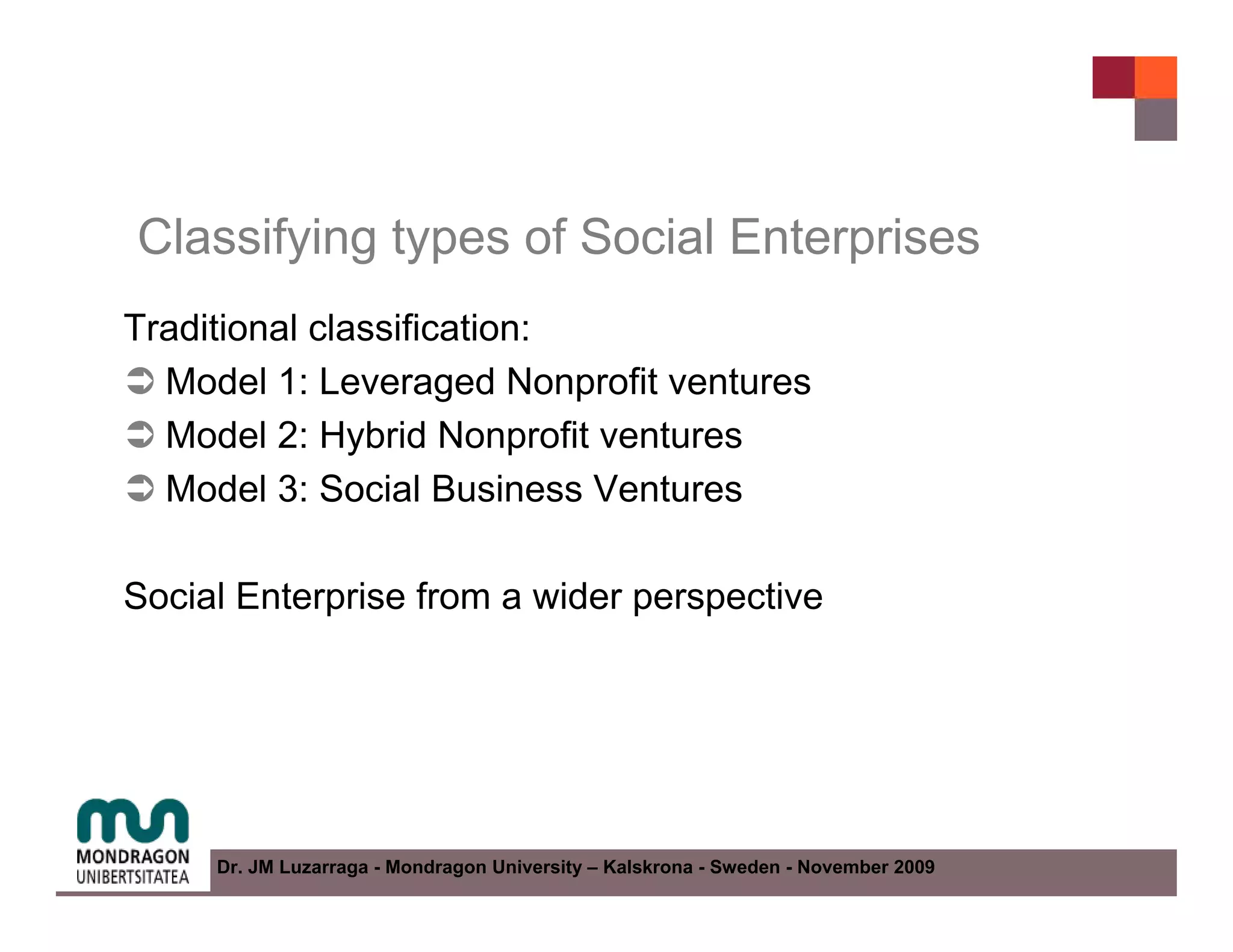 Classifying types of Social Enterprises
Traditional classification:
  Model 1: Leveraged Nonprofit ventures
  Model 2: Hybrid Nonprofit ventures
  Model 3: Social Business Ventures

Social Enterprise from a wider perspective




     Dr. JM Luzarraga - Mondragon University – Kalskrona - Sweden - November 2009
 