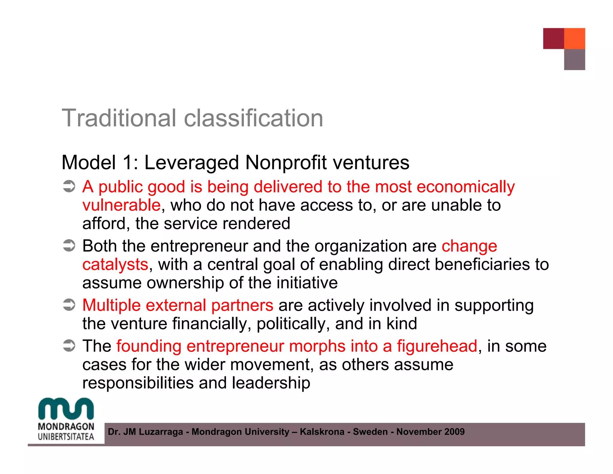Traditional classification
Model 1: Leveraged Nonprofit ventures
  A public good is being delivered to the most economically
  vulnerable, who do not have access to, or are unable to
  afford, the service rendered
  Both the entrepreneur and the organization are change
  catalysts, with a central goal of enabling direct beneficiaries to
  assume ownership of the initiative
  Multiple external partners are actively involved in supporting
  the venture financially, politically, and in kind
  The founding entrepreneur morphs into a figurehead, in some
  cases for the wider movement, as others assume
  responsibilities and leadership

     Dr. JM Luzarraga - Mondragon University – Kalskrona - Sweden - November 2009
 