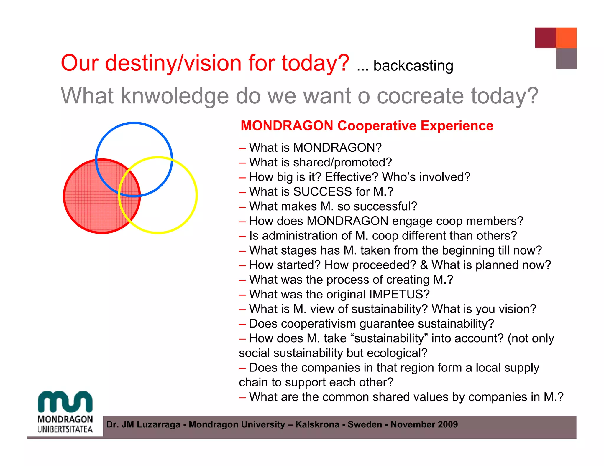 Our destiny/vision for today? ... backcasting
What knwoledge do we want o cocreate today?
                                 MONDRAGON Cooperative Experience
                                – What is MONDRAGON?
                                – What is shared/promoted?
                                – How big is it? Effective? Who’s involved?
                                – What is SUCCESS for M.?
                                – What makes M. so successful?
                                – How does MONDRAGON engage coop members?
                                – Is administration of M. coop different than others?
                                – What stages has M. taken from the beginning till now?
                                – How started? How proceeded? & What is planned now?
                                – What was the process of creating M.?
                                – What was the original IMPETUS?
                                – What is M. view of sustainability? What is you vision?
                                – Does cooperativism guarantee sustainability?
                                – How does M. take “sustainability” into account? (not only
                                social sustainability but ecological?
                                – Does the companies in that region form a local supply
                                chain to support each other?
                                – What are the common shared values by companies in M.?

    Dr. JM Luzarraga - Mondragon University – Kalskrona - Sweden - November 2009
 