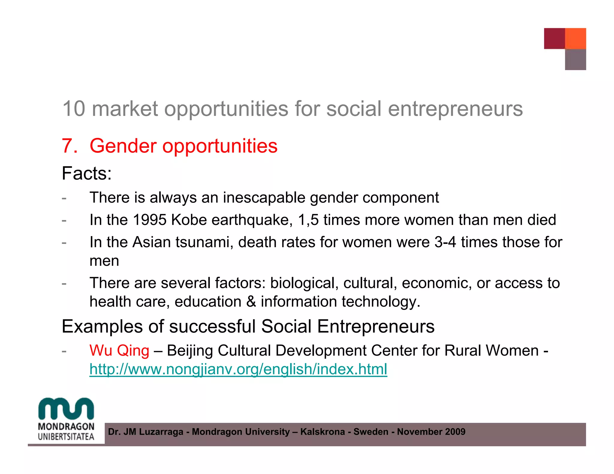 10 market opportunities for social entrepreneurs
7. Gender opportunities
Facts:
-   There is always an inescapable gender component
-   In the 1995 Kobe earthquake, 1,5 times more women than men died
-   In the Asian tsunami, death rates for women were 3-4 times those for
    men
-   There are several factors: biological, cultural, economic, or access to
    health care, education & information technology.
Examples of successful Social Entrepreneurs
-   Wu Qing – Beijing Cultural Development Center for Rural Women -
    http://www.nongjianv.org/english/index.html


      Dr. JM Luzarraga - Mondragon University – Kalskrona - Sweden - November 2009
 