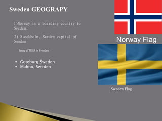 Norway Flag
Sweden Flag
1)Norway is a boarding country to
Sweden.
2) Stockholm, Sweden capital of
Sweden
large cITIES in Sweden
 Goteburg,Sweden
 Malmo, Sweden
Sweden GEOGRAPY
 