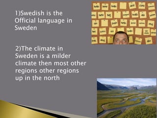 1)Swedish is the
Official language in
Sweden
2)The climate in
Sweden is a milder
climate then most other
regions other regions
up in the north
 