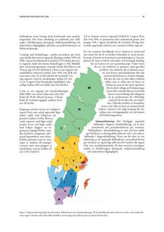 SVENSKA HÖFTPROTESREGISTRET 2008                                                                                                               107




skillnaderna inom Sverige dock fortfarande som anmärk-                    Val av fixation varierar regionalt (Tabell 2). I region Norr
ningsvärda. Det finns anledning att undersöka hur skill-                  fick över 90% av patienterna helt cementerad protes mot
nader i befolkningens demografi, indikationsställning och                 knappt 70% i region Stockholm & Gotland. Övriga fixa-
sjukvårdens tillgänglighet påverkar procedurfrekvensen av                 tionsätt uppvisade också en stor variation mellan regioner.
höftproteskirurgi.
                                                                          En viss variation beträffande val av fixation är motiverad
I analogi med förändringar i antalet procedurer per invå-                 inte minst för att få en bredare erfarenhet av nyare protes-
nare skedde den största regionala ökningen mellan 1992 och                koncept. Genom att koncentrera användningen av vissa im-
2008 i region Stockholm & Gotland (1 137) medan den nor-                  plantat får man en bättre erfarenhet och kirurgisk skicklig-
ra regionen hade den minsta förändringen (+44). Medelål-                         het att hantera ett nytt proteskoncept. Vidare finns
dern vid primäroperation varierade mellan 68,4 (Norra och                            det en viss selektion av patienter med specifika
Västra) upp till 69,5 (Sydöstra). I fem av sex regioner har                               problem ofta relaterat till avvikande anato
                                                                                                                                   anato-
medelåldern reducerats mellan åren 1992 och 2008 och                                          mi som kräver specialimplantat eller där
som mest cirka två år (Stockholm & Gotland). I öv-                                              cementerad fixation är mindre lämplig.
riga regioner varierar minskningen mellan 0,4 och                                               Det går det inte att helt säkert bedöma
1,1 år. I region Väst förändrades medelåldern obe-                                               vilken mix av olika sätt att fixera en
tydligt mellan 1992 och 2008, från 69,6 till 69,4.                                                höftprotes som är det mest optimala.
                                                                                                   Det är dock viktigt att förskjutningar
I fem av sex regioner har könsfördelningen                                                         inom detta område liksom eventuella
2004–2008 varit relativt lika med cirka 58,1                                                        byten av protesdesign sker långsamt
(Syd) till 59,3% (Norr) kvinnor. I Stock-                                                            så att professionen får tillräckligt
holm & Gotland uppgick andelen kvin-                                                                 med tid till att lära den nya tekni-
nor till 61,4%.                                                                                     ken. Ökande incidens av komplika-
                                                                                            tioner som tidig revision av periprostetisk
Diagnosen primär artros var vanligast i                                                  fraktur, luxation och tidig lossning bör be- be
region Norr som också opererade lägst                                                     traktas som varningssignaler och incitament
relativ andel med höftprotes på                                                           till förbättringsarbete.
grund av fraktur (7,6%). Motsva-
rande regioner med lägst andel                                                         Sammanfattning: Det föreligger regionala
primär artros och högst andel                                                        skillnader i diagnos, könsfördelning, val av fixa-
                                                                                                                                    fixa
med fraktur diagnos var re-                                                        tionsmetod och procedurfrekvens per invånare.
gionerna Uppsala-Örebro samt                                                    Skillnaderna i könsfördelning är små och kan möjli-möjli
den Sydöstra. Diagnosen idio-                                                gen förklaras av demografiska faktorer och i viss mån av
patisk kaputnekros som oftare                                              skillnader i diagnosfördelning. Även om det sker en viss
drabbar patienter som tar vissa                                           utjämning av de regionala skillnaderna i procedurfrekvens
typer av medicin till exempel                                             per invånare ter sig de låga siffrorna för framför allt region
cortison samt vissa grupper av                                            Väst som anmärkningsvärda. De kan motivera ytterligare
missbrukare varierar mellan 1,8                                           studier av befolkningens demografi, indikationsställning
och 3,3% (Tabell 1).                                                          och sjukvårdens tillgänglighet.




Figur 2. Regionindelning enligt Socialstyrelsen. Bokstäverna avser länsbeteckningar. På de efterföljande sidorna finns två sidor med resultat för
varje region. På dessa sidor finns flikar kodade i samma färg som på kartan för att lättare kunna hitta.
 