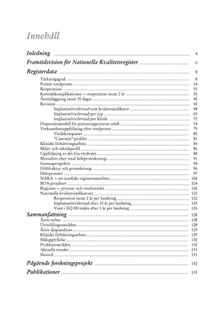 Innehåll
Inledning                                                      4

Framtidsvision för Nationella Kvalitetsregister                6

Registerdata                                                   8
     Täckningsgrad                                             8
     Primär totalprotes                                       14
     Reoperation                                              33
     Korttidskomplikationer — reoperation inom 2 år           36
     Återinläggning inom 30 dagar                             40
     Revision                                                 42
             Implantatöverlevnad som kvalitetsindikator       48
             Implantatöverlevnad per typ                      65
             Implantatöverlevnad per klinik                   72
     Dispensärsmodell för patientrapporterat utfall           74
     Verksamhetsuppföljning efter totalprotes                 79
             Värdekompasser                                   80
             ”Case-mix”-profiler                              81
     Kliniskt förbättringsarbete                              84
     Miljö- och teknikprofil                                  86
     Uppföljning av det fria vårdvalet                        88
     Mortalitet efter total höftproteskirurgi                 91
     Genussperspektiv                                         94
     Höftfraktur och proteskirurgi                            96
     Halvproteser                                             97
     NARA — ett nordiskt registersamarbete                   104
     BOA-projektet                                           104
     Regioner — process- och resultatmått                    106
     Nationella kvalitetsindikatorer                         121
             Reoperation inom 2 år per landsting             122
             Implantatöverlevnad efter 10 år per landsting   124
             Vinst i EQ-5D-index efter 1 år per landsting    126
Sammanfattning                                               128
     Årets nyhet                                             128
     Utvecklingsområden                                      128
     Årets djupanalyser                                      129
     Kliniskt förbättringsarbete                             129
     Måluppfyllelse                                          130
     Problemområden                                          130
     Aktuella trender                                        131
     Slutord                                                 131

Pågående forskningsprojekt                                   132

Publikationer                                                133
 