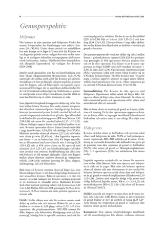 94                                                                                                  SVENSKA HÖFTPROTESREGISTRET 2008




Genusperspektiv
Helprotes                                                           revision på grund av infektion där den är mer än fördubblad
                                                                    (2,05 1,81–2,34) följt av fraktur (1,81 1,53–2,14) och loss-
Fler kvinnor än män opereras med höftprotes. Under den              ning (1,44 1,36–1,52). Däremot finner vi inga säkra skillna-
senaste 5-årsperioden har fördelningen varit relativt kon-          der mellan könen beträffande risk att drabbas av revision på
stant (59,1/40,9%). Under denna period var medelåldern              grund av luxation.
hos män knappt tre år lägre (67,0 mot 69,8 år). Relativt sett
var diagnosen primär artros vanligare hos män medan samt-           Det patientrapporterade resultatet skiljer sig också mellan
liga av de vanligaste sekundära artrosgrupperna (inflamma-          könen. I patientkohorten opererad 2004-2008 har patienter
torisk ledåkomma, fraktur, följtillstånd efter barnsjukdom          som genomgått 21 804 operationer besvarat enkäten före
och idiopatisk kaputnekros) var vanligast hos kvinnor               och ett år efter operation. Här finner vi att kvinnor rap-
(2004–2008).                                                        porterar en högre EQ5D-vinst (0,39 standard deviation =
                                                                    0,35) än män (0,35 0,34). Operationens smärtreducerande
Jämfört med Länssjukhus som har en könsfördelning som               effekt rapporteras också som större bland kvinnor på en
mest liknar riksgenomsnittet (kvinna/man: 60,3/39,7%)               VAS-skala (kvinnor/män: -48 24 för kvinnor mot -45 22 för
opererades det mellan 2004–2008 fler kvinnor på universi-           män). Däremot upplever kvinnor en något sämre tillfred-
tetssjukhus och färre på länsdels- och privatsjukhus. Justerar      ställelse med operationen efter ett år, vilket rapporteras på
man för diagnos, sida och bilateralitet i en logistisk regres-      en omvänd VAS-skala (kvinnor/män: 19 22/16 20).
sionsmodell föreligger det en signifikant skillnad endast för
de två förstnämnda sjukhustyperna. Selektionen av patien-           Sammanfattning: Fler kvinnor än män opereras med
ter med primär artros till privatsjukhusen innebär alltså att       höftprotes. Operationen utförs också vid högre ålder. De
man kan förvänta sig en relativ dominans av män.                    opereras oftare på höger sida, oftare bilateralt, får oftare en
                                                                    helt cementerad protes och operationen utförs oftare med
Som påpekat i föregående årsrapporter skiljer sig val av fixa-      anterolateralt eller ett minisnitt.
tion mellan könen. Kvinnor fick under senaste 5-årsperio-
den oftare helt cementerad protes. Samtliga övriga fixations-       Män drabbas oftare av revision på grund av fraktur, infek-
koncept (ocementerad protes, hybrid, omvänd hybrid och              tion och lossning. Ett år efter operationen rapporterar kvin-
ytersättningsprotes) används oftare på män. Speciell uttalad        nor en bättre effekt av ingreppet beträffande hälsorelaterad
är skillnaden för ytersättningsprotes (RR man/kvinna: 2,63          livskvalitet och smärta men är inte riktigt lika nöjda som
2,28–3,04) och minst för omvänd hybrid (1,25 1,17–1,33).            män.
Liksom i tidigare rapport finner vi en skillnad mellan val av
snitt. Kvinnor opererades oftare i främre lateralt snitt både       Halvprotes
i rygg (man/kvinna: 5,0/6,5%) och sidoläge (36,4/37,8%).
Minisnitt användes oftare på kvinnor (1,0/1,1%) och bakre           Kvinnor drabbas oftare av höftfraktur och opereras också
snitt oftare på män (57,4/54,4). I den logistiska regressio-        oftare med halvprotes än män. 72,2% av halvprotesopera-
nen finner vi att en kvinna har cirka 8% högre sannolik-            tioner registrerade 2005–2008 utfördes på kvinnor. Utvär-
het att bli opererad med anterolateralt snitt i sidoläge (1,08      dering av eventuella könsrelaterade skillnader har gjorts på
1,05–1,12) och ca 43% större chans att bli opererad med             de patienter som akut opererats på grund av höftfraktur
minisnitt (1,43 1,22–1,67) om könsfördelningen vid bakre            (93,2%) eller senare på grund av läkningskomplikationer
snitt används som referens. Snedfördelning kan alltså inte          (5%). 313 operationer (1,9%) har exkluderats från denna
helt förklaras av till exempel skillnader i ålder och diagnos       analys.
mellan könen eftersom analysen (baserad på operationer
utförda 2004–2008) omfattar justering för ålder, diagnos,           Logistisk regression användes för att justera för samvaria-
sjukhusgrupp, sida och bilateralitet.                               tion mellan olika faktorer. Män som opereras med halvpro-
                                                                    tes är cirka ett år yngre. Både män och kvinnor opereras
Både män och kvinnor opereras oftare på höger sida, men             oftare på vänster sida men dominansen är mer uttalad för
liksom tidigare finner vi att denna högersidiga dominans är         kvinnor. Kvinnor opereras också oftare akut med halvpro-
mer uttalad hos kvinnor. Bilateral operation i en eller två         tes än på grund av senare komplikationer till frakturen (1,19
seanser var också vanligare hos kvinnor, möjligen på grund          1,02–1,38). Jämfört med unipolär design väljs protes med
av en dominans av sekundär artros. Skillnaden kvarstår              rörligt ledhuvud (bipolär protes, RR=1,13 1,05–1,21) och
dock efter statistisk justering (relativ risk kvinna/man: 1,20      monoblockprotes (RR=1,20 1,06–1,36) oftare till kvinnor
1,16–1,24). Mellan 2004 och 2008 genomgick 20,3% av kvin-           än till män (Tabell 3).
norna och 19,2% av männen sin andra primära operation av
motsatt sida.                                                       Utfall: Generellt sett reopereras män oftare än kvinnor (re-
                                                                    lativ risk: 1,22 1,01–1,48). Detta orsakas av att reoperation
Utfall: Utfallet räknat som risk för revision oavsett orsak         på grund fraktur är mer än dubbelt så vanlig (2,14 1,29–
skiljer sig mellan män och kvinnor. Risken för att en man           3,51). Risken för reoperation på grund av infektion eller
drabbas av revision är 1,43 gånger större (1,37–1,49, Cox-          luxation skiljer sig inte mellan könen.
regression: alla primäroperationer 1992–2008 justerat för
ålder, diagnos, sida, bilateralitet, klinikgrupp, snitt och fixa-   Kommentar: Den ojämna könsfördelningen beträffande
tionstyp). Manligt kön är speciellt associerat med risk för         val till monoblockprotes blir alltmer irrelevant eftersom
 