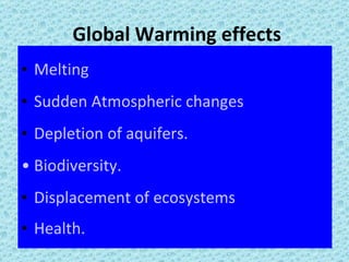 Global Warming effects Melting Sudden   Atmospheric   changes Depletion   of   aquifers . Biodiversity . Displacement   of   ecosystems Health . 