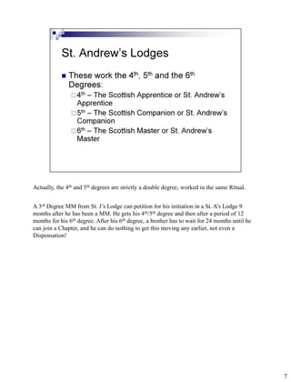 Actually, the 4th and 5th degrees are strictly a double degree, worked in the same Ritual.


A 3rd Degree MM from St. J’s Lodge can petition for his initiation in a St. A’s Lodge 9
months after he has been a MM. He gets his 4th/5th degree and then after a period of 12
months for his 6th degree. After his 6th degree, a brother has to wait for 24 months until he
can join a Chapter, and he can do nothing to get this moving any earlier, not even a
Dispensation!




                                                                                                7
 