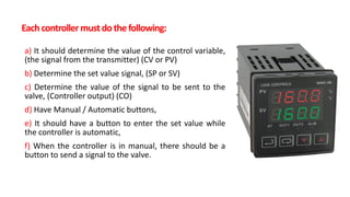 Eachcontrollermustdothefollowing:
a) It should determine the value of the control variable,
(the signal from the transmitter) (CV or PV)
b) Determine the set value signal, (SP or SV)
c) Determine the value of the signal to be sent to the
valve, (Controller output) (CO)
d) Have Manual / Automatic buttons,
e) It should have a button to enter the set value while
the controller is automatic,
f) When the controller is in manual, there should be a
button to send a signal to the valve.
 