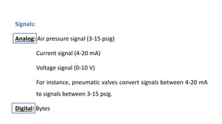 Signals:
Analog: Air pressure signal (3-15 psig)
Current signal (4-20 mA)
Voltage signal (0-10 V)
For instance, pneumatic valves convert signals between 4-20 mA
to signals between 3-15 psig.
Digital: Bytes
 