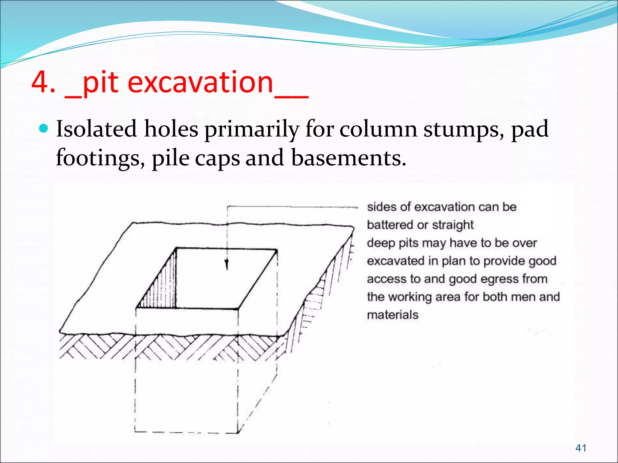 4. _pit excavation__
 Isolated holes primarily for column stumps, pad
footings, pile caps and basements.
41
 
