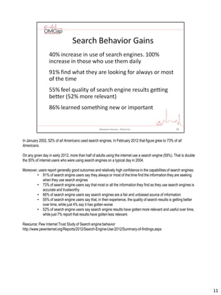 In January 2002, 52% of all Americans used search engines. In February 2012 that figure grew to 73% of all
Americans.
On any given day in early 2012, more than half of adults using the internet use a search engine (59%). That is double
the 30% of internet users who were using search engines on a typical day in 2004.
Moreover, users report generally good outcomes and relatively high confidence in the capabilities of search engines:
• 91% of search engine users say they always or most of the time find the information they are seeking
when they use search engines
• 73% of search engine users say that most or all the informationthey find as they use search engines is
accurate and trustworthy
• 66% of search engine users say search engines are a fair and unbiased source of information
• 55% of search engine users say that, in their experience, the quality of search results is getting better
over time, while just 4% say it has gotten worse
• 52% of search engine users say search engine results have gotten more relevant and useful over time,
while just 7% report that results have gotten less relevant.
Resource: Pew Internet Trust Study of Search engine behavior
http://www.pewinternet.org/Reports/2012/Search-Engine-Use-2012/Summary-of-findings.aspx
11
 