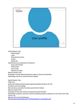 Implicit Collection Tools
Softwareagents
Logins
Enhanced proxy servers
Cookies
Session IDs
Gathered without user awareness from behavior to:
Query context inferred
Profile inferred
Less accurate
Requires a lot of data
Maximum precision: 58%
Advantages: more data, better data (easier for system to consume and rationalize)
Disadvantage: user has no control over what is collected
Explicit Collection Tools
HTML forms
Explicit user feedback interaction (early Google personalization with More Like This)
Provided by user with knowledge
More accurate as user shares more about query intent and interests
Maximum precision: 63%
Advantage: User has more control over personal and private information
Disadvantage: compliance, users have a hard time expressing interests, burdensome on user to fill out forms, false
info from user
Resource: Jaime Teevan MS Research
(http://courses.ischool.berkeley.edu/i141/f07/lectures/teevan_personalization.pdf)
8
 
