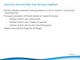 Data/Intel: Semantic Web: Topic-Sensitive PageRank Context sensitive relevance ranking based on a set of “vectors” and not just incoming links Pre-query calculation of factors based on subset of corpus Context of term use in document Context of term use in history of queries Context of term use by user submitting query Creator now a Senior Engineer at Google 