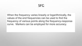 SFG
When the frequency varies linearly or logarithmically, the
values of the end frequencies can be used to find the
frequency of various points along the frequency-response
curve. Markers can be employed for more accuracy.
 