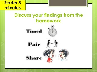 Discuss your findings from the
homework
Starter 5
minutes
 