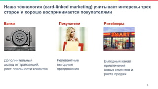 3Наша технология (сard-linked marketing) учитывает интересы трех
сторон и хорошо воспринимается покупателями
Банки РитейлерыПокупатели
Дополнительный
доход от транзакций,
рост лояльности клиентов
Релевантные
выгодные
предложения
Выгодный канал
привлечения
новых клиентов и
роста продаж
3
 